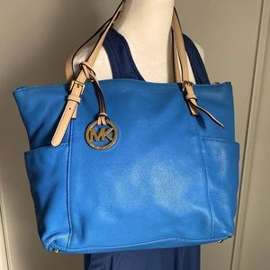 Michael Kors Cerulean Blue Leather Jet Set Full Size Shoulder Tote Bag Carryall
